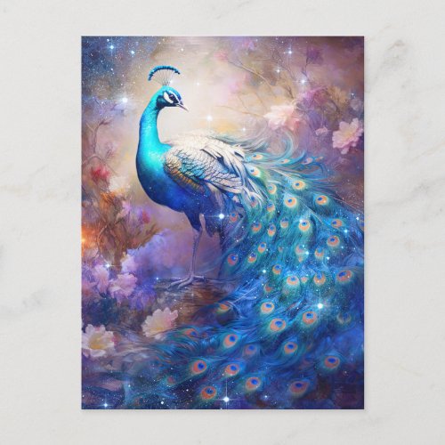 Elegant Peacock and Flowers Postcard