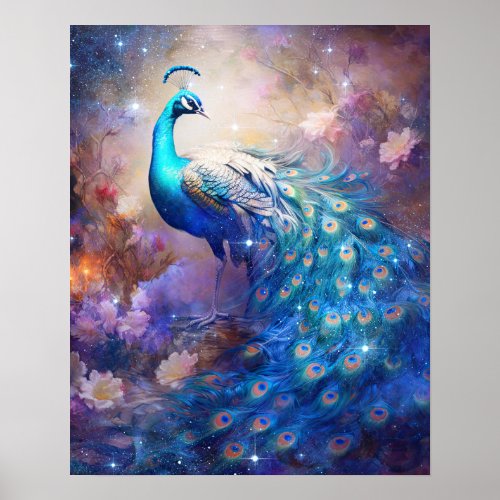Elegant Peacock and Flowers Poster