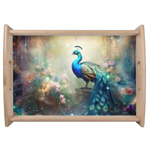 Elegant Peacock and Flowers Serving Tray