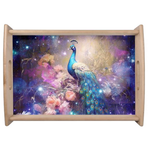 Elegant Peacock and Flowers Serving Tray