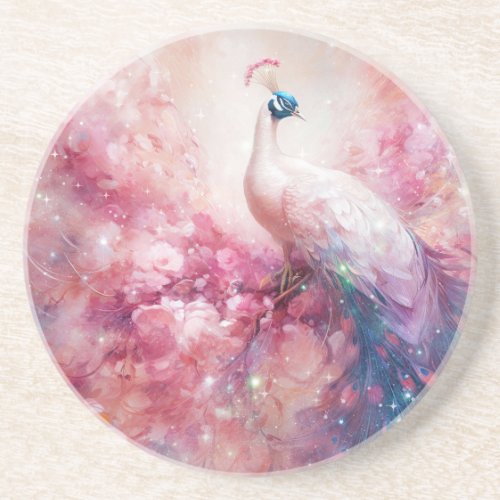 Elegant Peacock and Pink Abstract Coaster