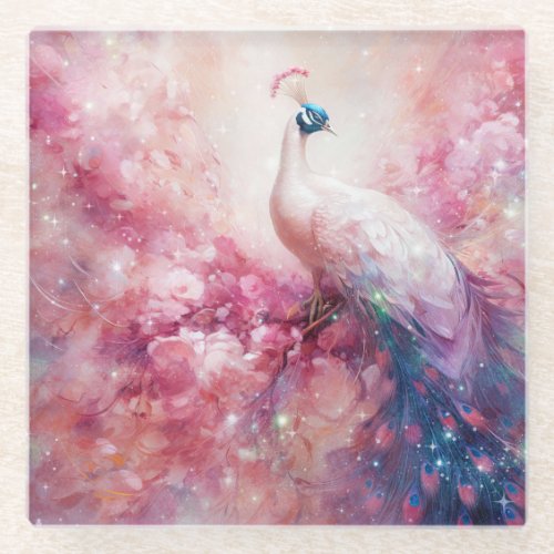 Elegant Peacock and Pink Abstract Glass Coaster