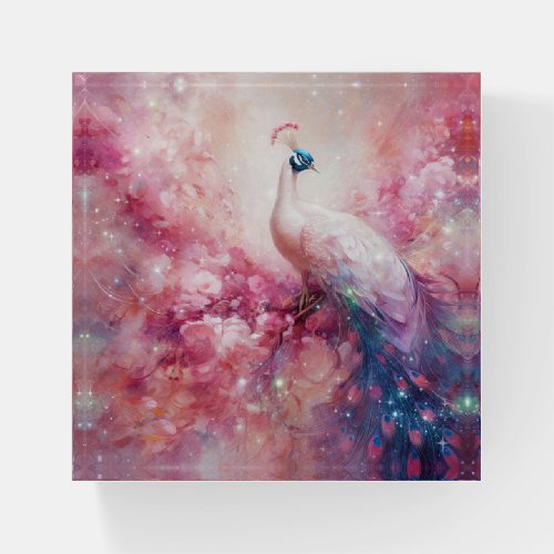 Elegant Peacock and Pink Abstract Paperweight