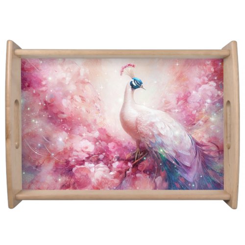 Elegant Peacock and Pink Abstract Serving Tray