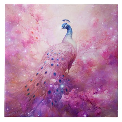 Elegant Peacock and Pink Flowers Ceramic Tile