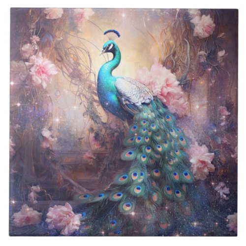 Elegant Peacock and Pink Flowers Ceramic Tile