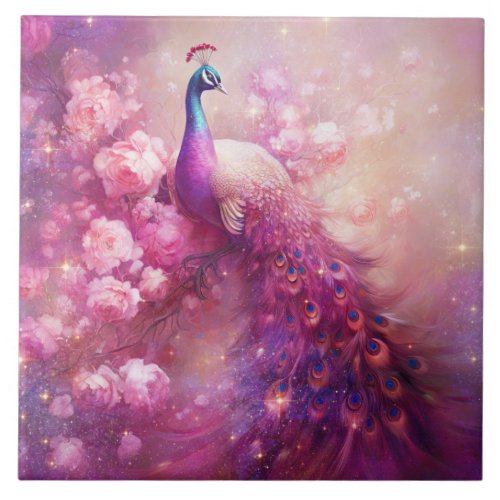 Elegant Peacock and Pink Flowers Ceramic Tile