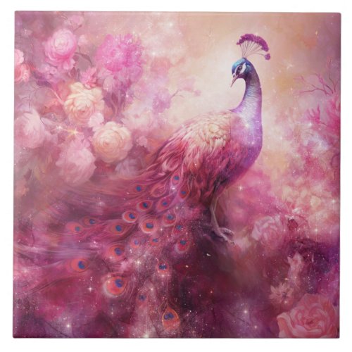 Elegant Peacock and Pink Flowers Ceramic Tile