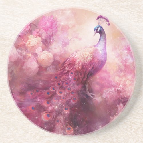 Elegant Peacock and Pink Flowers Coaster