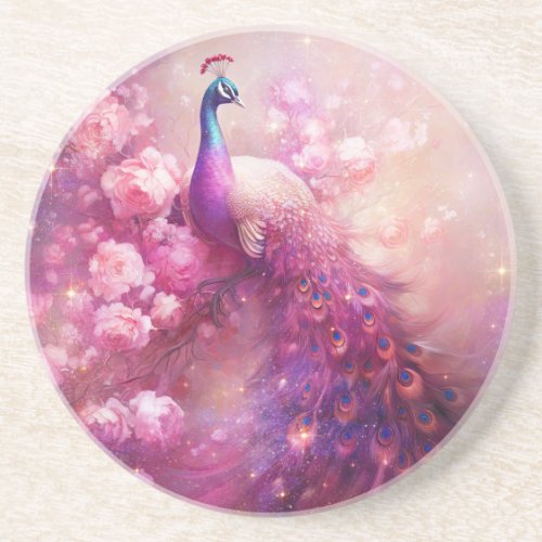 Elegant Peacock and Pink Flowers Coaster