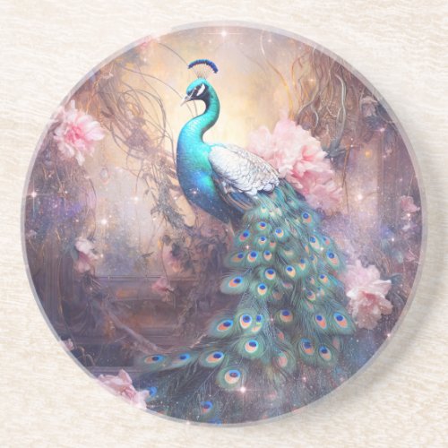 Elegant Peacock and Pink Flowers Coaster