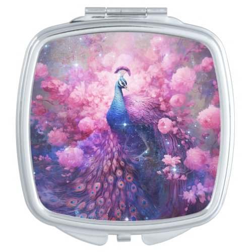 Elegant Peacock and Pink Flowers Compact Mirror