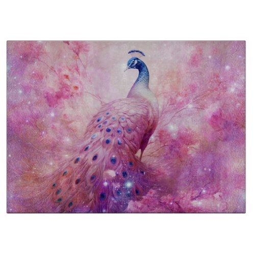 Elegant Peacock and Pink Flowers Cutting Board