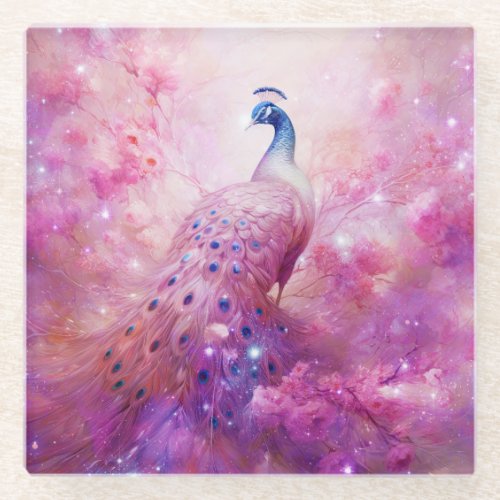 Elegant Peacock and Pink Flowers Glass Coaster