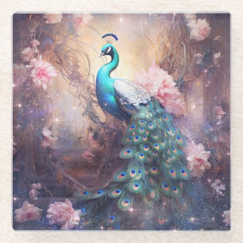 Elegant Peacock and Pink Flowers Glass Coaster