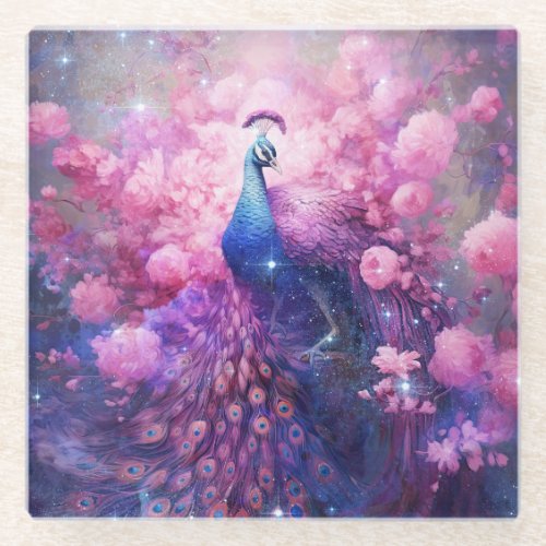 Elegant Peacock and Pink Flowers Glass Coaster