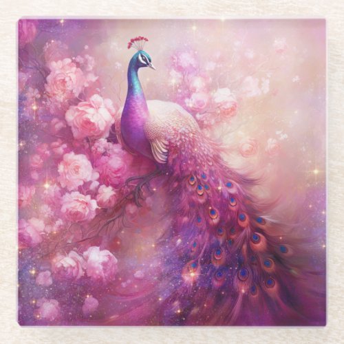 Elegant Peacock and Pink Flowers Glass Coaster