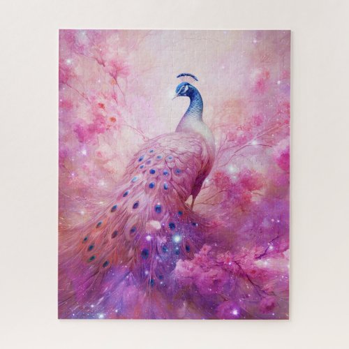Elegant Peacock and Pink Flowers Jigsaw Puzzle