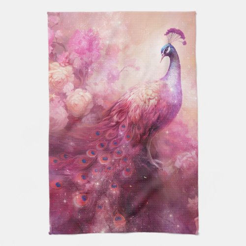 Elegant Peacock and Pink Flowers Kitchen Towel