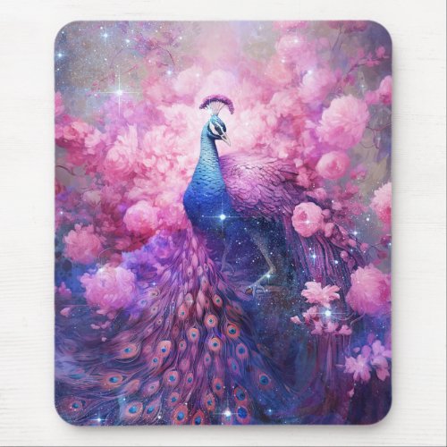 Elegant Peacock and Pink Flowers Mouse Pad