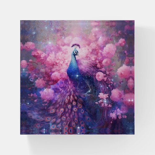 Elegant Peacock and Pink Flowers Paperweight