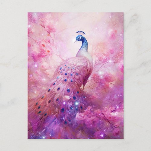 Elegant Peacock and Pink Flowers Postcard