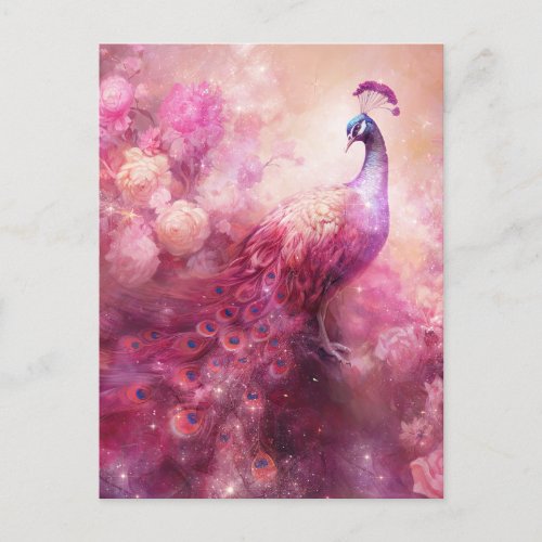 Elegant Peacock and Pink Flowers Postcard