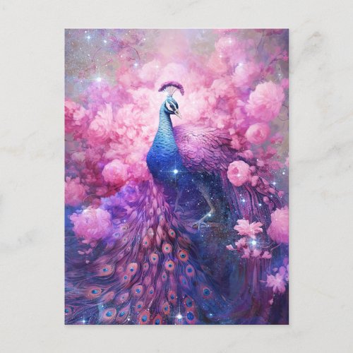 Elegant Peacock and Pink Flowers Postcard