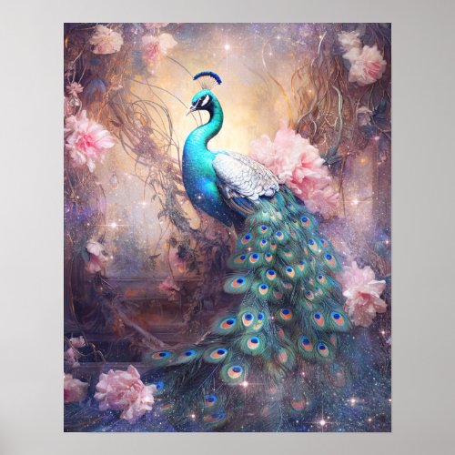 Elegant Peacock and Pink Flowers Poster