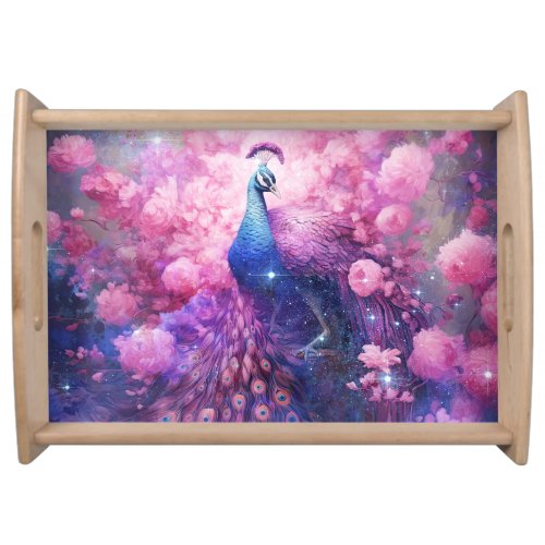 Elegant Peacock and Pink Flowers Serving Tray