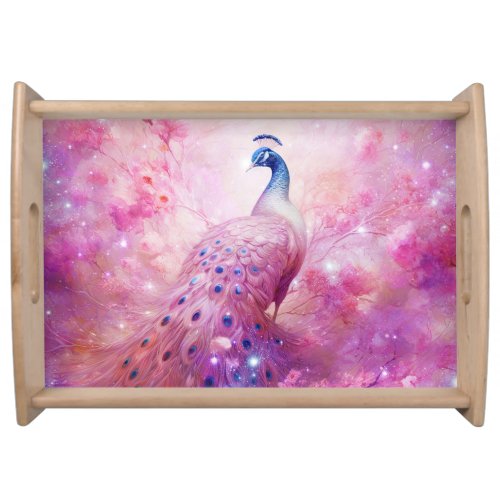 Elegant Peacock and Pink Flowers Serving Tray