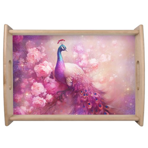 Elegant Peacock and Pink Flowers Serving Tray