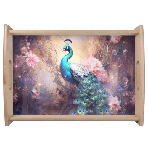 Elegant Peacock and Pink Flowers Serving Tray