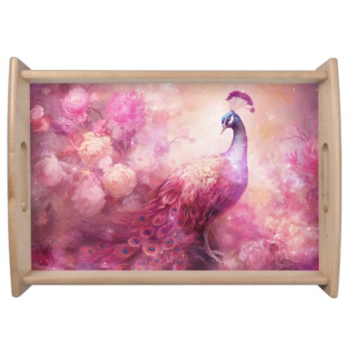 Elegant Peacock and Pink Flowers Serving Tray