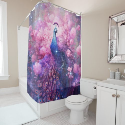Elegant Peacock and Pink Flowers Shower Curtain