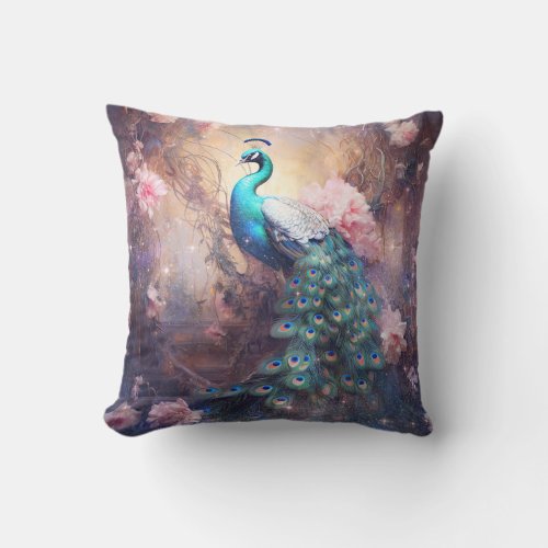 Elegant Peacock and Pink Flowers Throw Pillow