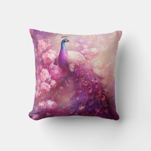 Elegant Peacock and Pink Flowers Throw Pillow