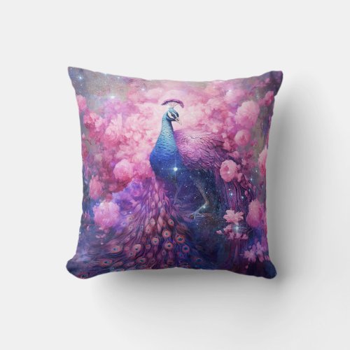 Elegant Peacock and Pink Flowers Throw Pillow
