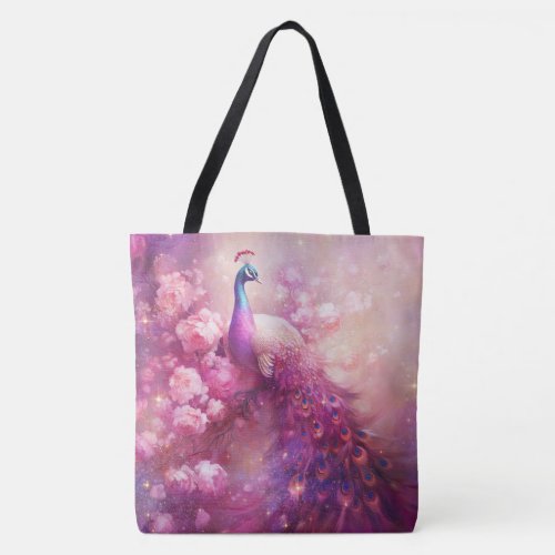 Elegant Peacock and Pink Flowers Tote Bag