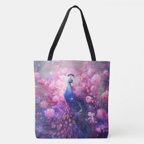 Elegant Peacock and Pink Flowers Tote Bag