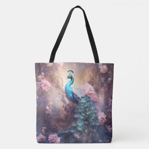 Elegant Peacock and Pink Flowers Tote Bag