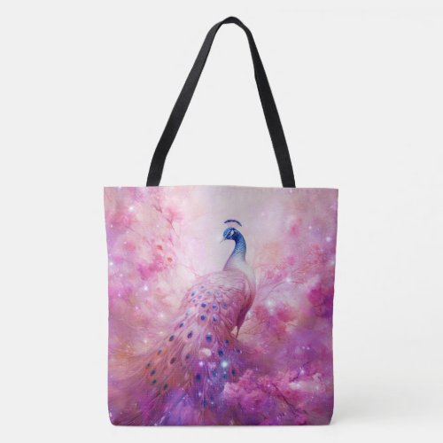 Elegant Peacock and Pink Flowers Tote Bag