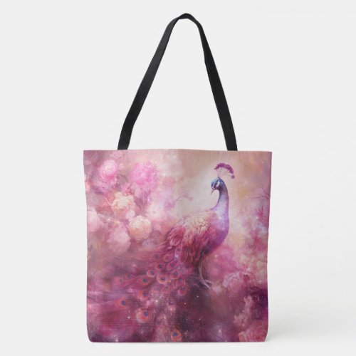 Elegant Peacock and Pink Flowers Tote Bag