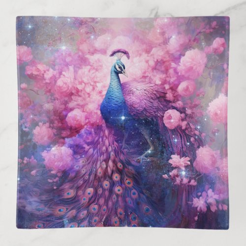 Elegant Peacock and Pink Flowers Trinket Tray