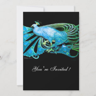 ELEGANT PEACOCK AQUA BLUE BLACK TEAL WEDDING PARTY INVITATION