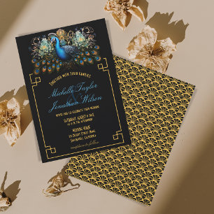 Elegant Peacock Art Deco Black and Gold Vintage Invitation