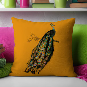 Elegant Peacock Art Vintage Mustard Yellow Throw Pillow