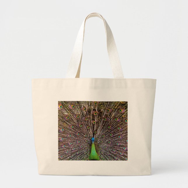 Elegant Peacock Bird and Feather Artwork Large Tote Bag (Front)