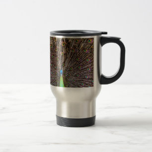 Elegant Peacock Bird and Feather Artwork Travel Mug