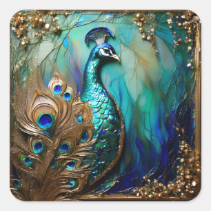 Elegant peacock bird art nouvea teal gold elegant square sticker